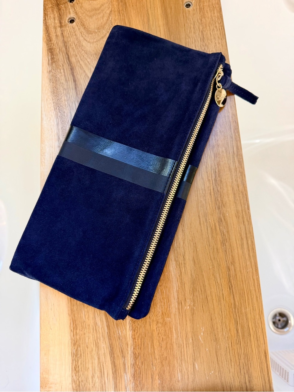 Clare V Foldover Clutch - Navy Suede w/ black Stripes $245 (no tabs)
